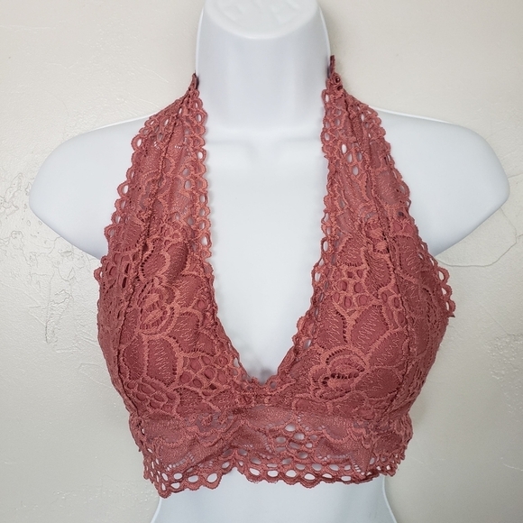 Rue21 Pink Lace Halter Bralette Strappy Back V-neck Girly Whimsical Cottagecore - Picture 1 of 7